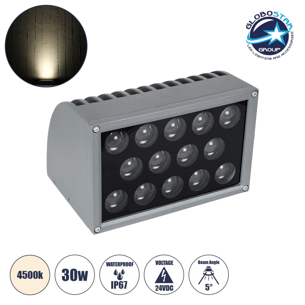 GloboStar® FLOOD-DENA 90488 Επιτοίχιος Προβολέας Wall Washer για Φωτισμό Κτιρίων - Απλίκα & Δαπέδου LED 30W 2850lm 5° DC 24V Αδιάβροχο IP67 Μ18.5 x Π13 x Υ12cm Φυσικό Λευκό 4500K - Γκρι Ανθρακί - 3 Years Warranty